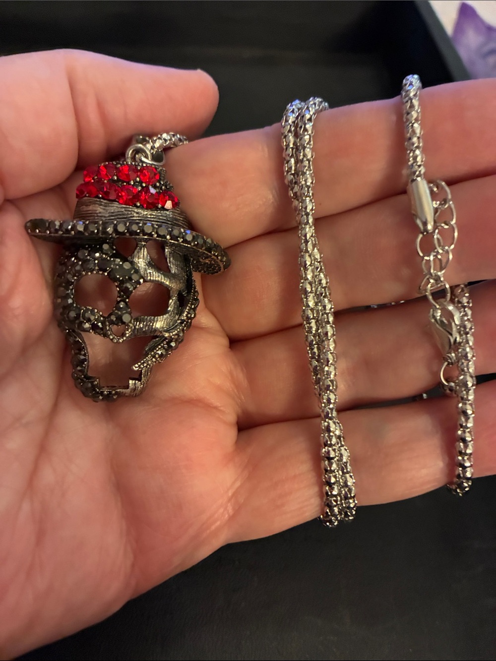 Skull Pendant Necklace with Red Crystal Hat.  NWOT